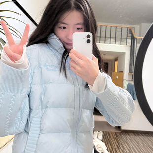 学院风立领羽绒棉服女大童初中高中学生蓝色针织拼接百搭保暖外套