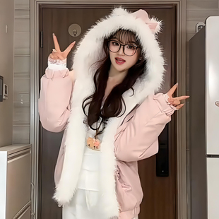 韩系双面穿可爱猫耳朵毛领羽绒棉服女大童冬初中高中学生甜美外套