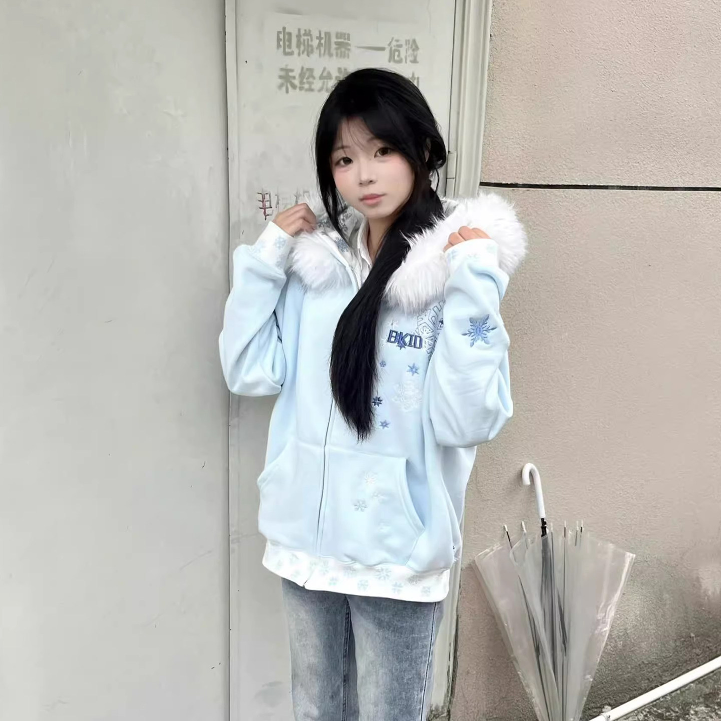 美式雪花刺绣毛领开衫卫衣女大童初中高中学生宽松加厚休闲外套