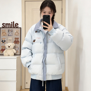 韩系撞色翻领羽绒棉服女大童初中高中学生加厚保暖面包服冬季外套