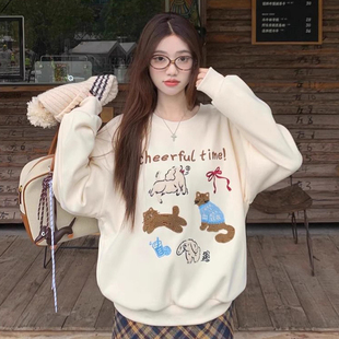可爱风小狗毛巾刺绣卫衣女大童秋冬新款加绒初中高中学生宽松上衣