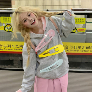 美式风大发夹连帽卫衣女大童初中高中学生宽松拉链开衫灰色外套