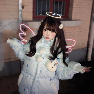 甜美可爱风蓝雪花毛领连帽羽绒棉服女大童初中高中学生学院风外套