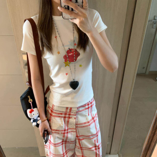 美式苹果印花短袖T恤女大童初中高中学生修身显瘦百搭休闲上衣白