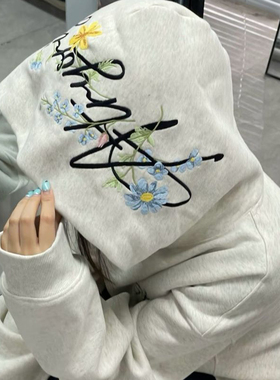 美式复古花卉刺绣连帽卫衣女大童秋冬新款初中高中学生情侣外套潮