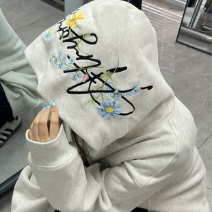 美式复古花卉刺绣连帽卫衣女大童秋冬新款初中高中学生情侣外套潮