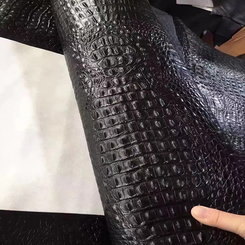 日本兵库黑色凹凸立体带骨鳄鱼纹1.5mm手工diy头层牛皮真皮皮料