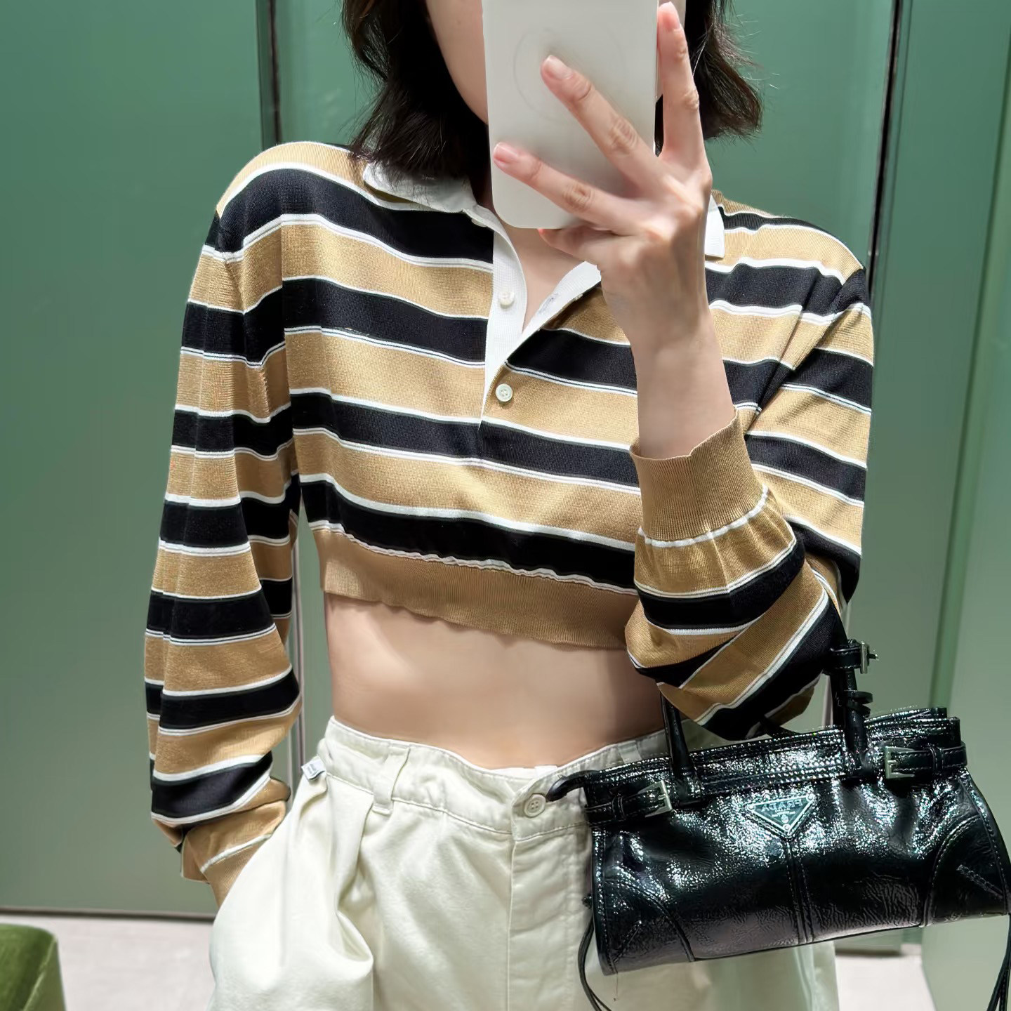 学院风条纹POLO领修身针织衫女