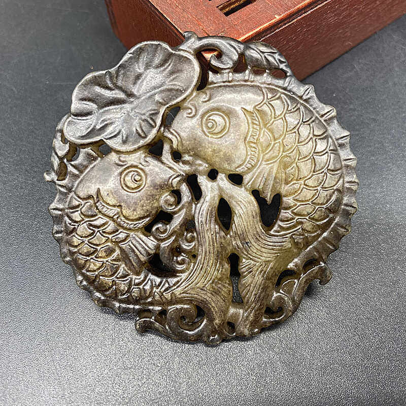 岫玉镂空仿古做旧连年有余吊坠挂件双鱼莲花玉佩古风腰佩流苏车挂