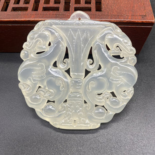 岫玉双龙吊坠挂件镂空双面雕刻龙型玉佩玉坠颈饰汉服腰佩流苏车挂