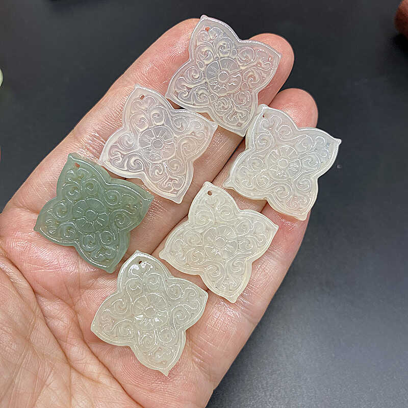 岫玉方形梅花吊坠挂件玉片花朵玉佩耳坠项链古风腰佩压襟颈饰DIY