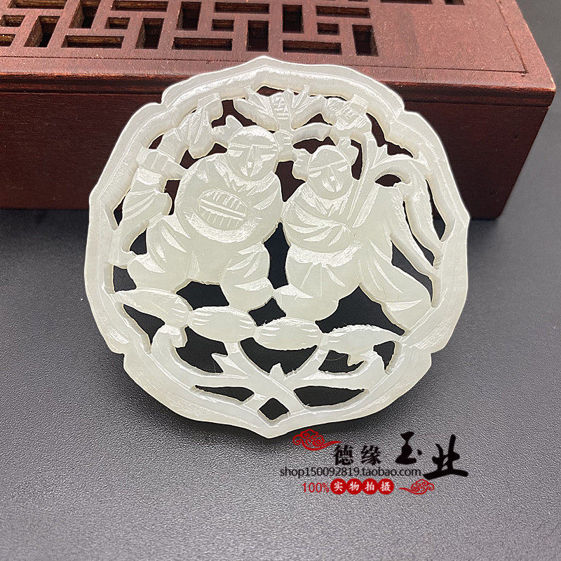 和田玉双面拉丝镂空金童玉女吊坠挂件青白玉古风玉石玉佩童子玉坠