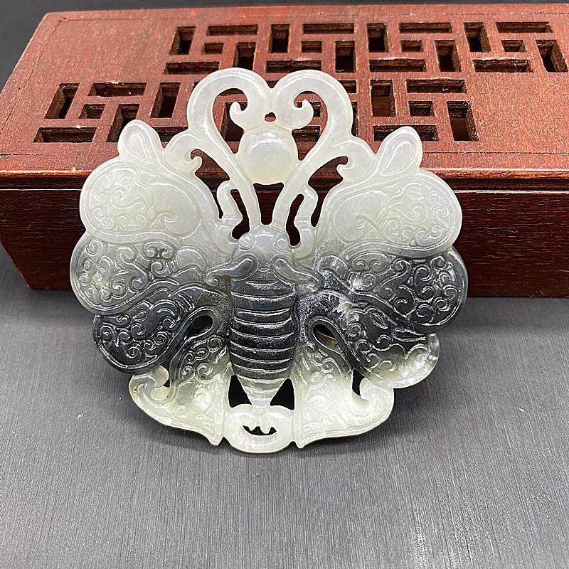 岫玉水墨色镂空蝴蝶吊坠挂件古风玉佩汉服腰佩禁步流苏衣坠汉服配