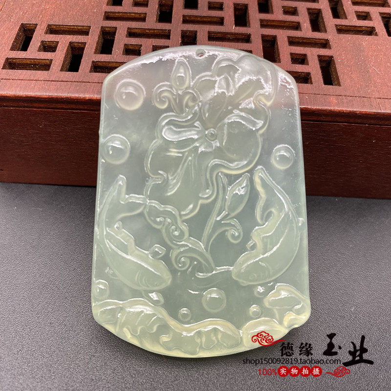 岫玉连年有余吊坠挂件玉石玉佩双鱼戏莲古风腰佩流苏项链玉坠颈饰