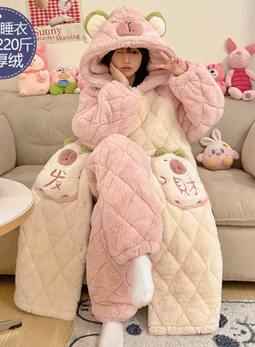 珊瑚绒三层夹棉睡衣女冬季加厚连帽长款睡袍可爱加大码家居服套装