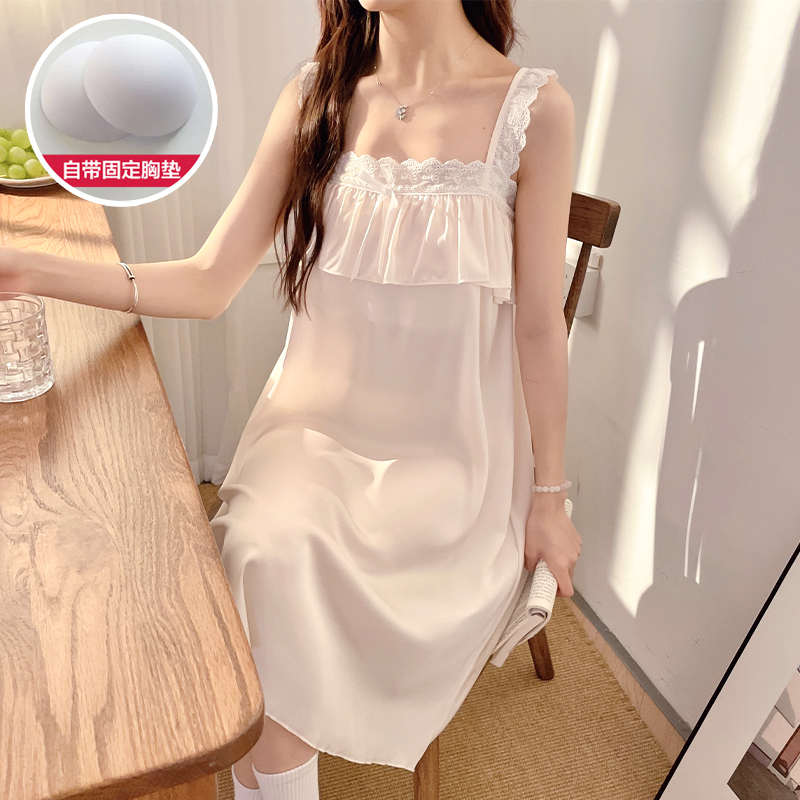 带胸垫吊带睡裙女夏季凉感冰雪丝性感荷叶边中长款睡衣裙子家居服