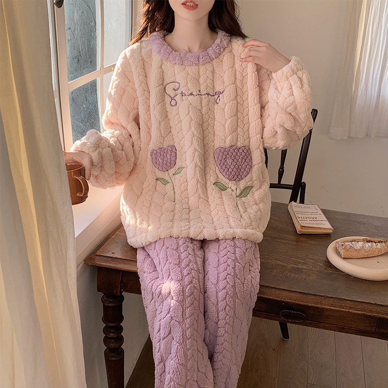 珊瑚绒睡衣女秋冬季加厚加绒甜美