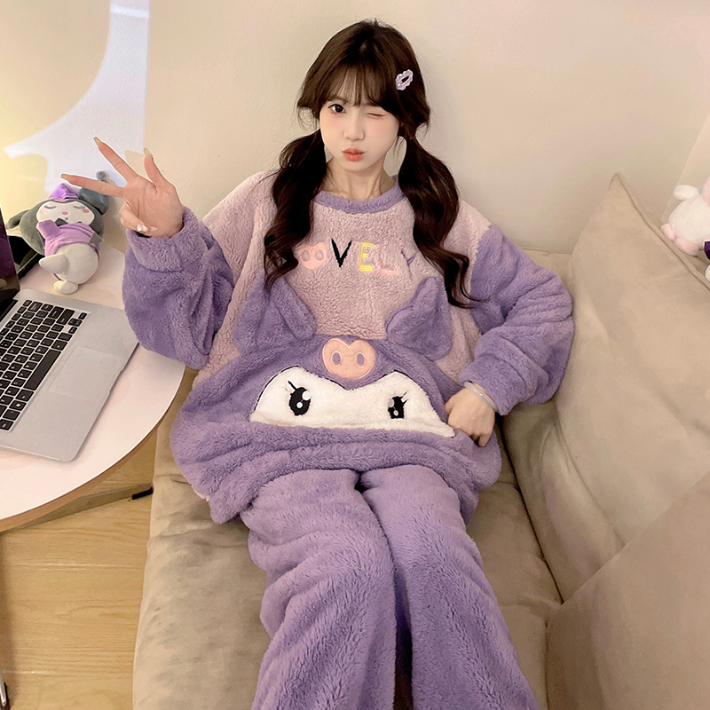 珊瑚绒睡衣女秋冬季加厚卡通套装