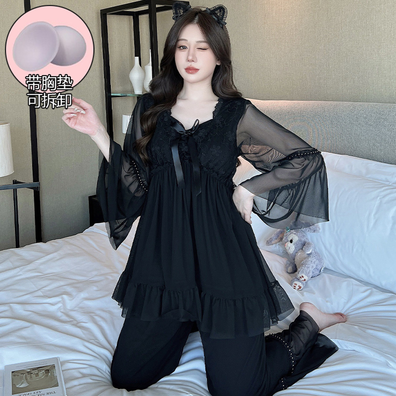 带胸垫睡衣女秋季莫代尔长袖套装