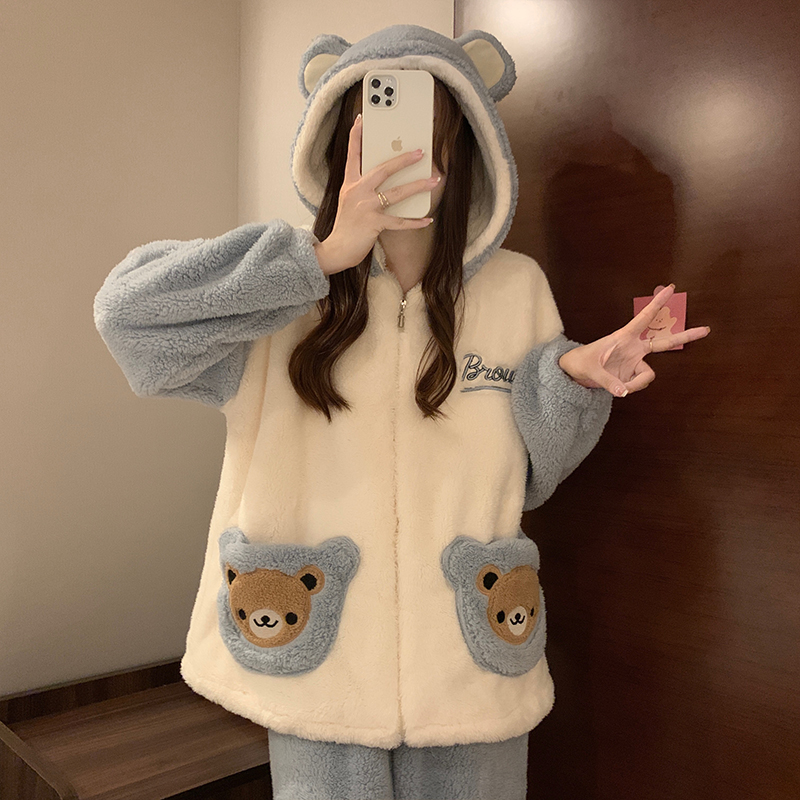 珊瑚绒睡衣女秋冬季加厚卡通拉链