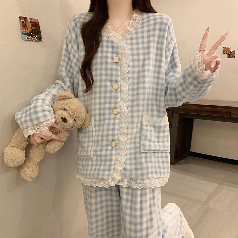 珊瑚绒睡衣女款秋冬季加厚绒甜美