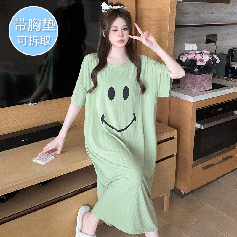 带胸垫睡裙女夏季短袖莫代尔冰丝甜美加肥加大码可外穿睡衣家居服