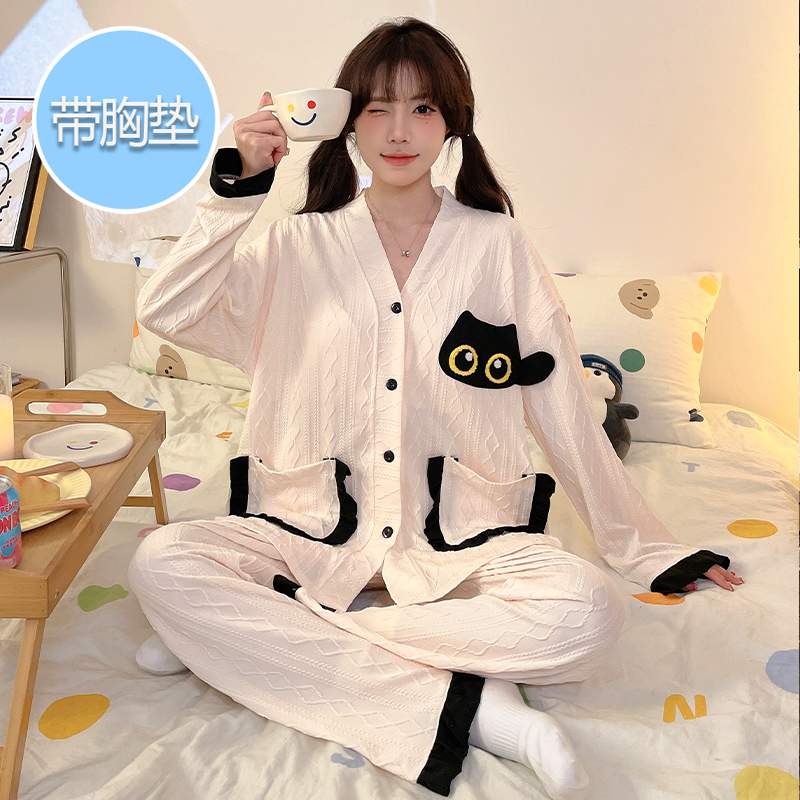 带胸垫睡衣女春秋季纯棉长袖套装