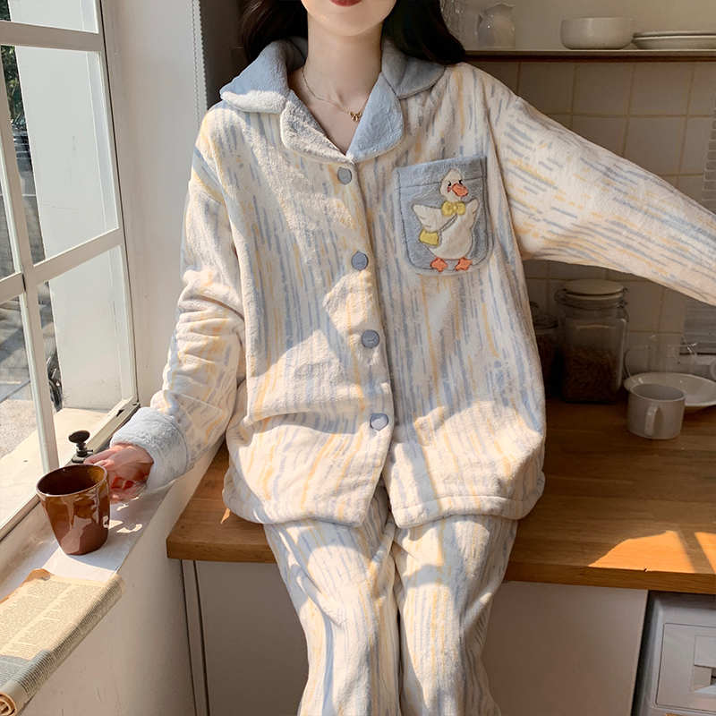 珊瑚绒睡衣女秋冬季加厚加绒法兰绒可爱鸭子开衫家居服套装可外穿