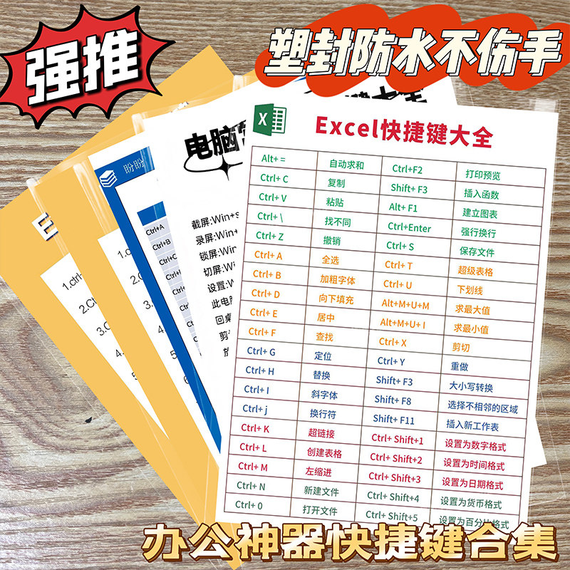 8张Office常用快捷键塑封防水