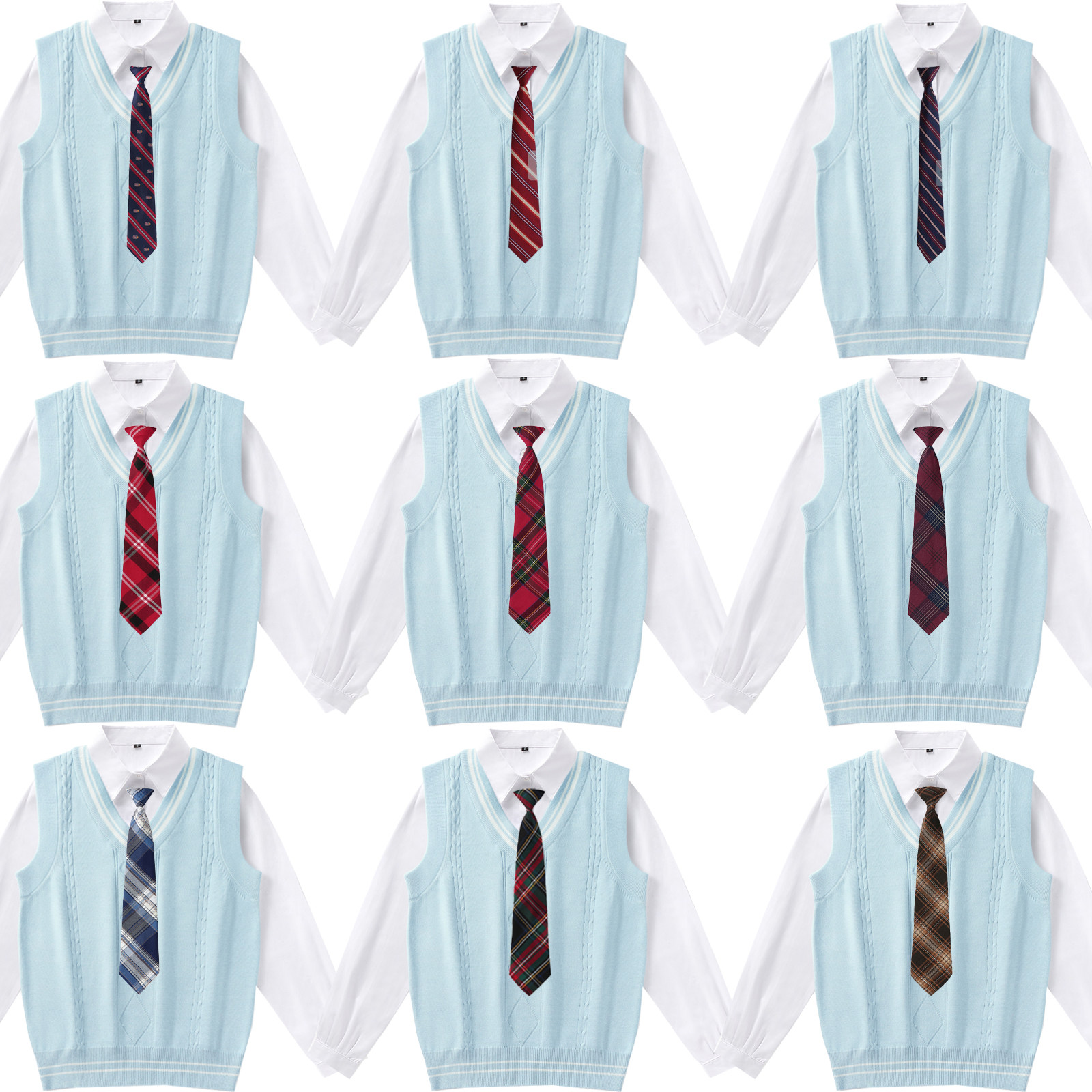 男款休闲毛衣背心针织衫V领套头学院风DK领带+衬衫+马甲春秋套装