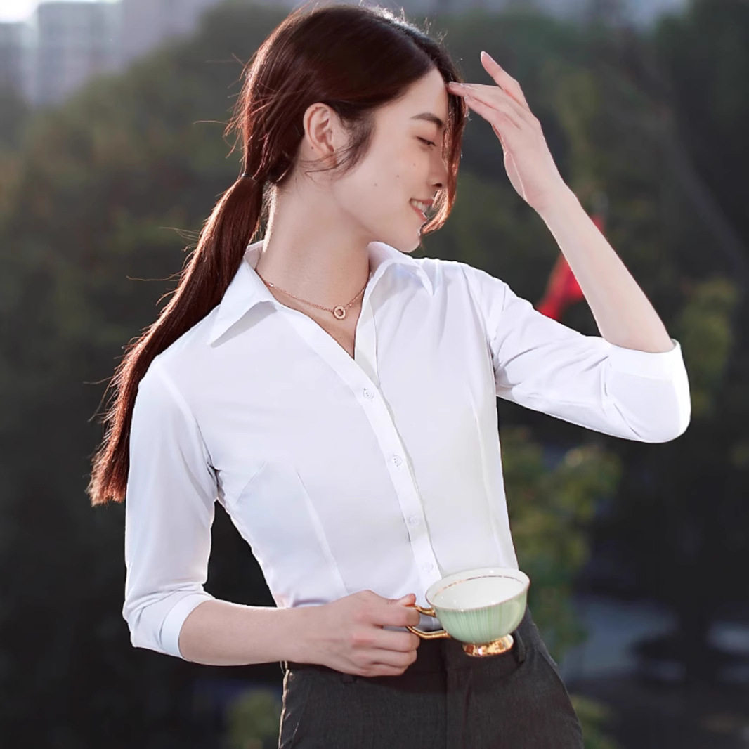 白色衬衫女短袖新款棉衬衫职业正装上衣通勤商务工作服显瘦V领装