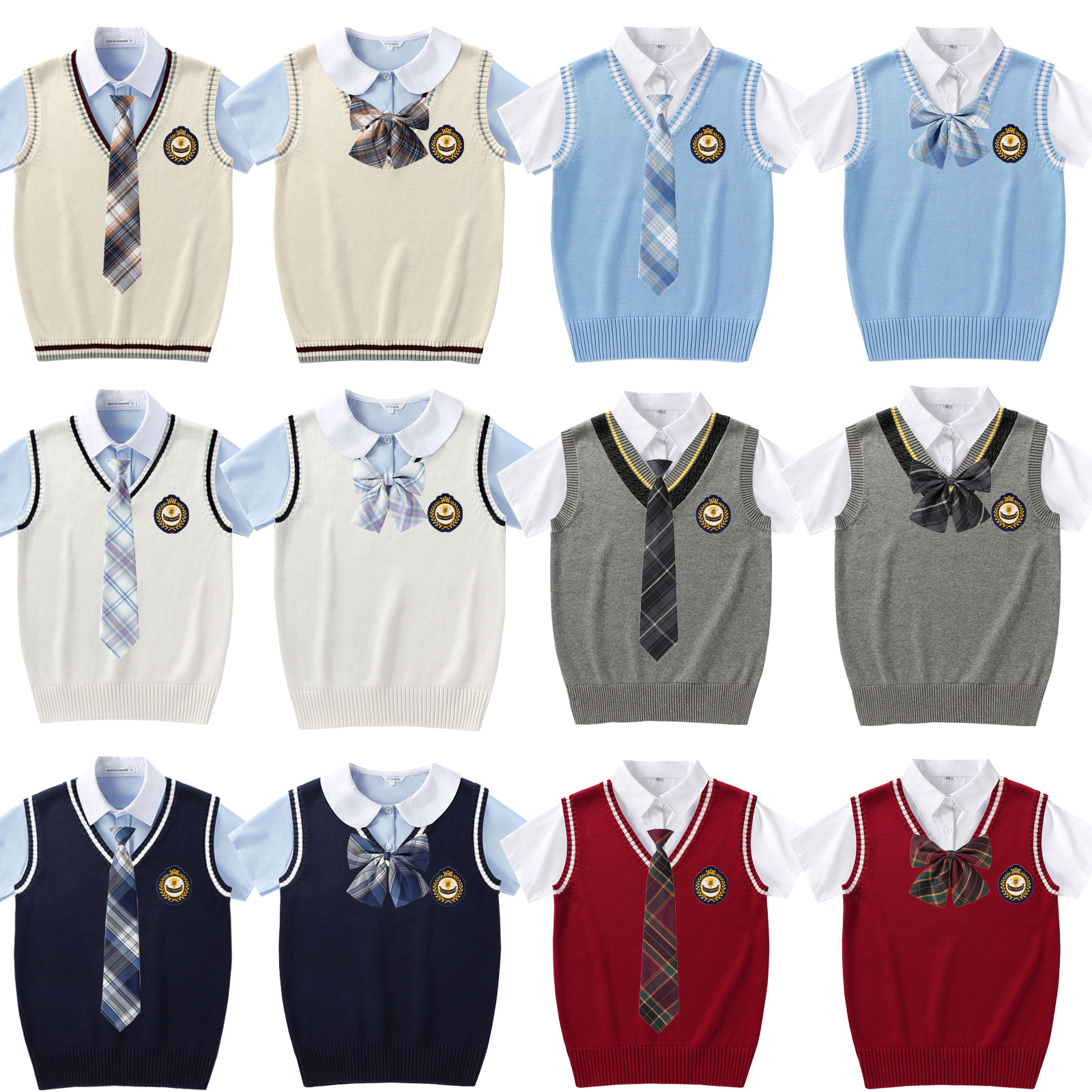 现货学院JK制服校服表演朗诵团V领马甲毛衣针织背心男女短袖套装