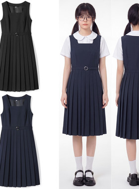 原创日制校供JK制服中长款百搭学院风西装面料背心背带连衣女长裙