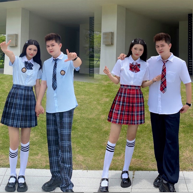 定做LOGO男女夏季短袖衬衫英伦学院班服小初高大学校服毕业学生装