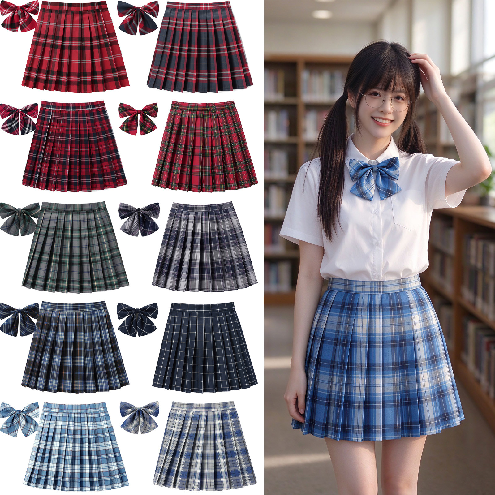 43裙长+领结厂家直营现货制服百褶学院演出班校服格子女半身短裙