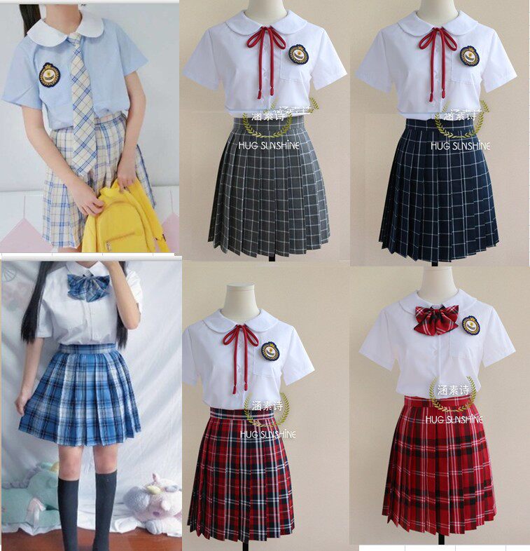 包邮班服表演服合唱服幼儿园服装小学初中大学奶白格校服套装女装