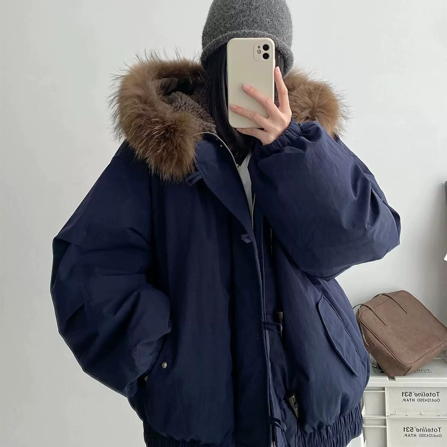 2025冬季新款牛角扣连帽大毛领羽绒棉服女加厚宽松派克服美式外套