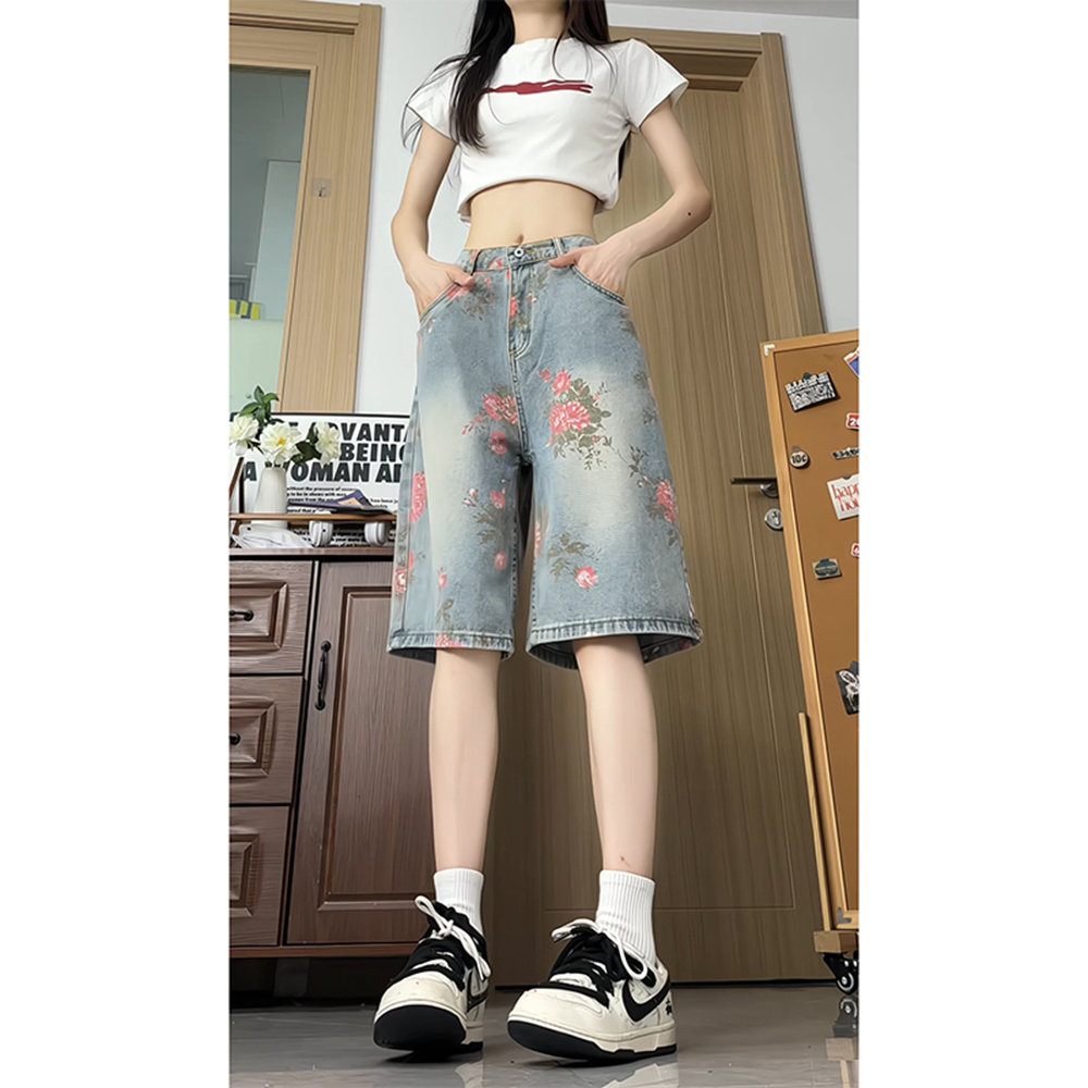 美式高街花卉印花破洞牛仔短裤女夏季潮牌潮流宽松阔腿五六分裤子