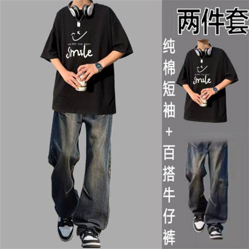 纯棉T恤短袖夏季青少年休闲运动套装牛仔裤子潮流学生男士帅气
