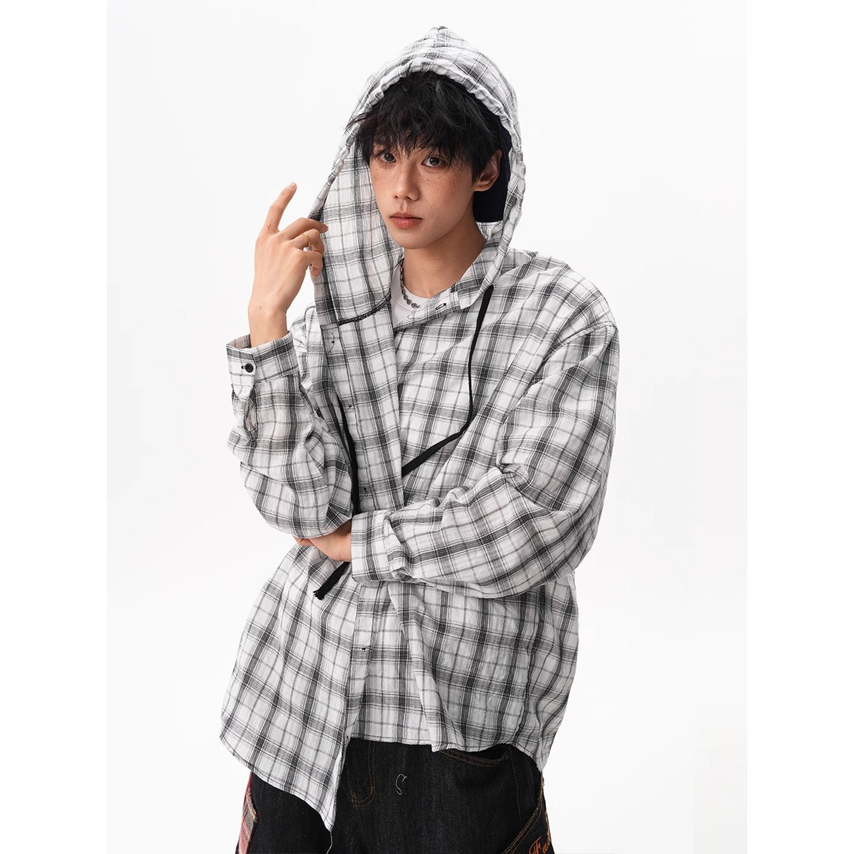 户外休闲轻薄防晒连帽格子衬衫男女夏季宽松慵懒肌理感衬衣外套