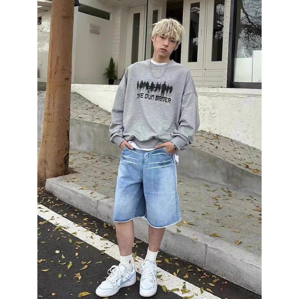 浅蓝色毛边猫须牛仔短裤男款cityboy简约干净宽松阔腿大码五分裤