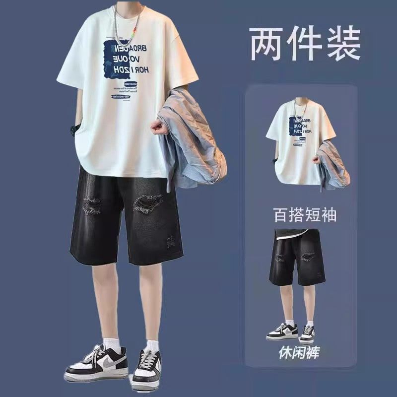 夏季痞帅纯棉短袖T恤14-17岁男生宽松套装休闲男装帅气短裤青少年
