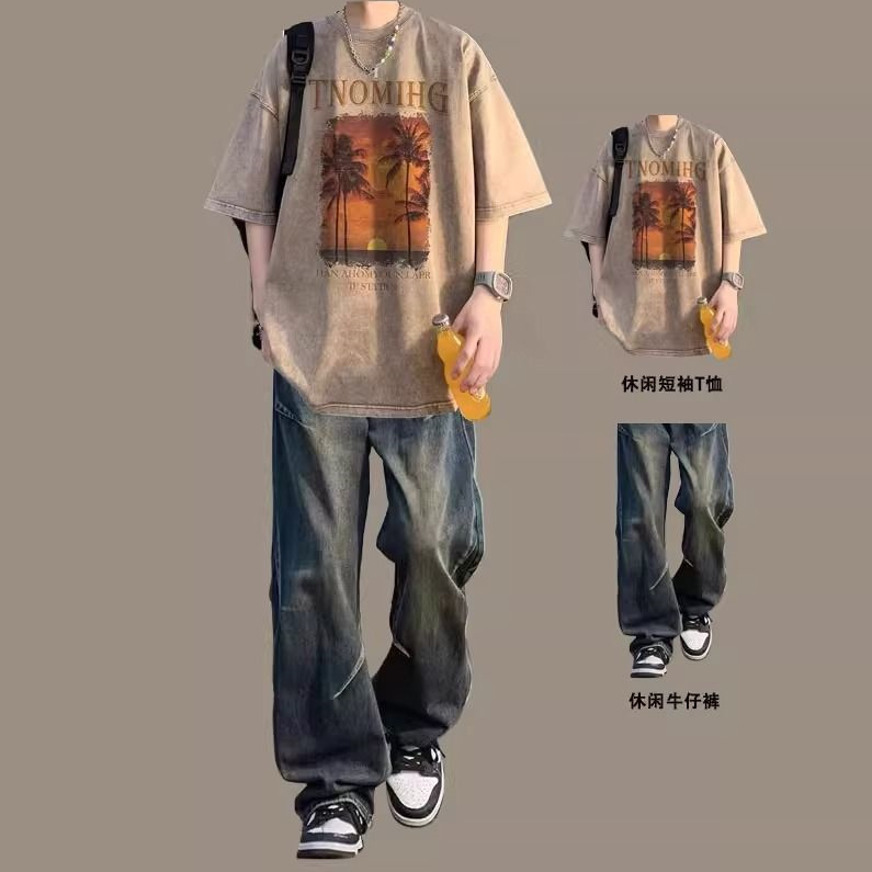 短袖休闲运动套装旅游个性衣服套装男潮流牛仔裤宽松百搭男士美式