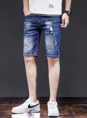 夏季薄款弹力大码牛仔短裤男破洞修身直筒青年五分中裤男休闲马裤