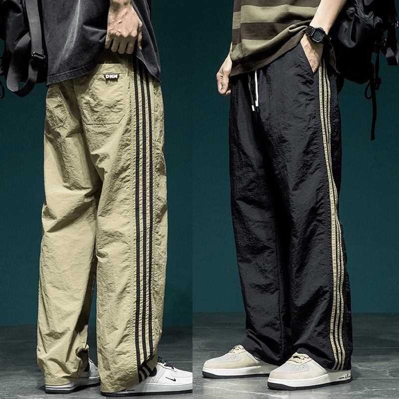 设计感三条杠拼接条纹速干休闲裤男夏季薄款宽松运动阔腿直筒裤子