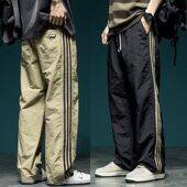 设计感三条杠拼接条纹速干休闲裤 子 宽松运动阔腿直筒裤 男夏季 薄款