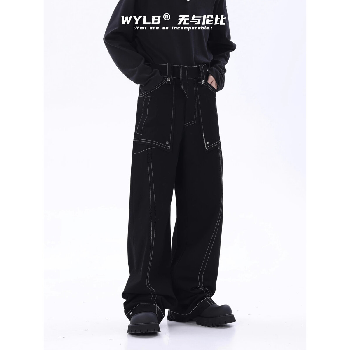 何浩楠同款高街百搭明线设计感直筒牛仔裤美式新款小众宽松阔腿裤