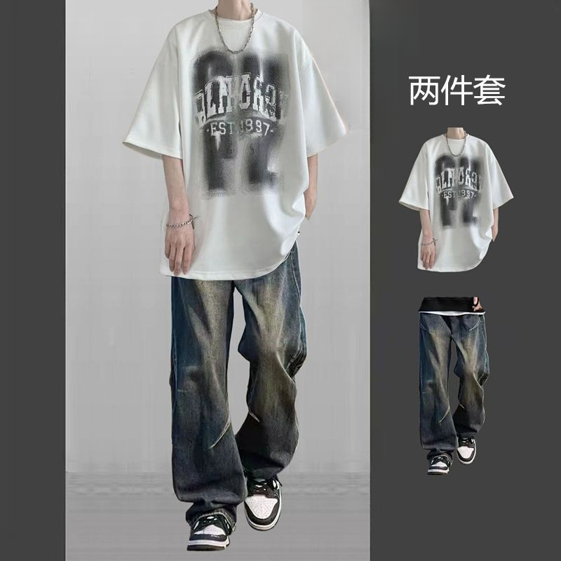 短袖夏季男士阔腿裤休闲运动套装ins潮流痞帅炸街春夏九分裤学生