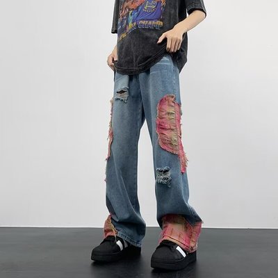 美式复古拼接牛仔裤男女款设计感小众高街宽松休闲直筒微喇长裤子