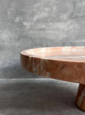 天然粉红大理石奢石带脚圆托盘宝格丽粉设计师款会所私宅